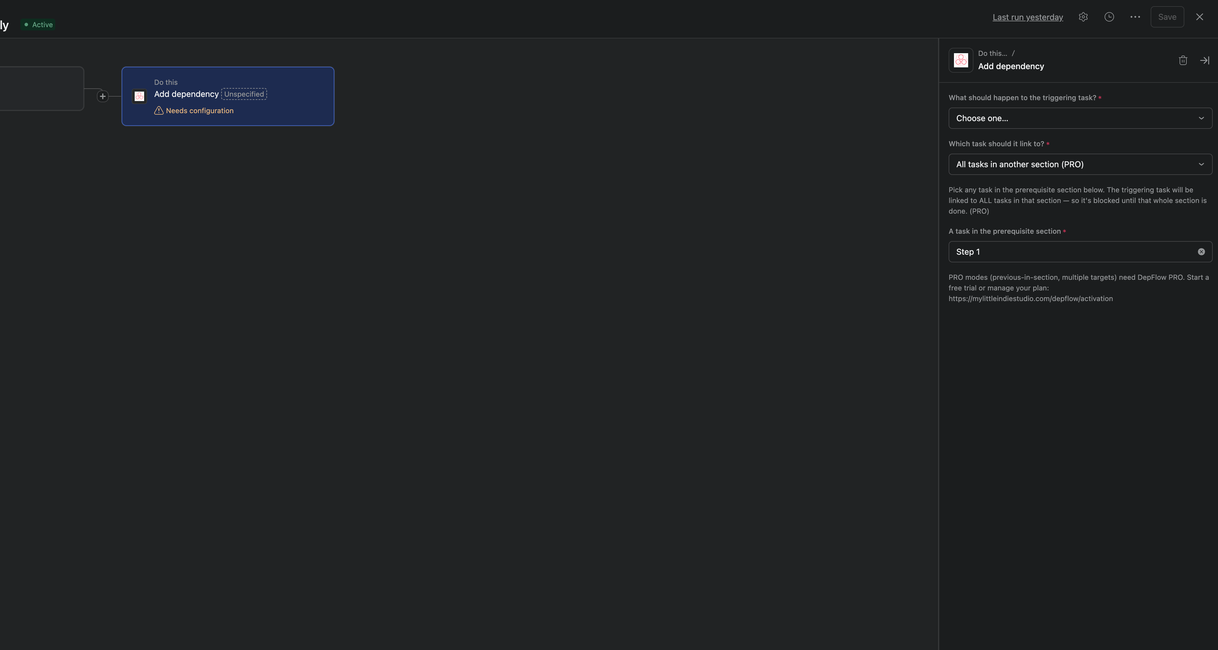 the "Add dependency" form in Asana's rule builder with the "Which task should it link to?" target on "All tasks in another section," the explainer text, and the "A task in the prerequisite section" field holding one picked task (here Step 1). The "What should happen to the triggering task?" dropdown still reads "Choose one..." and the action card is flagged "Needs configuration."