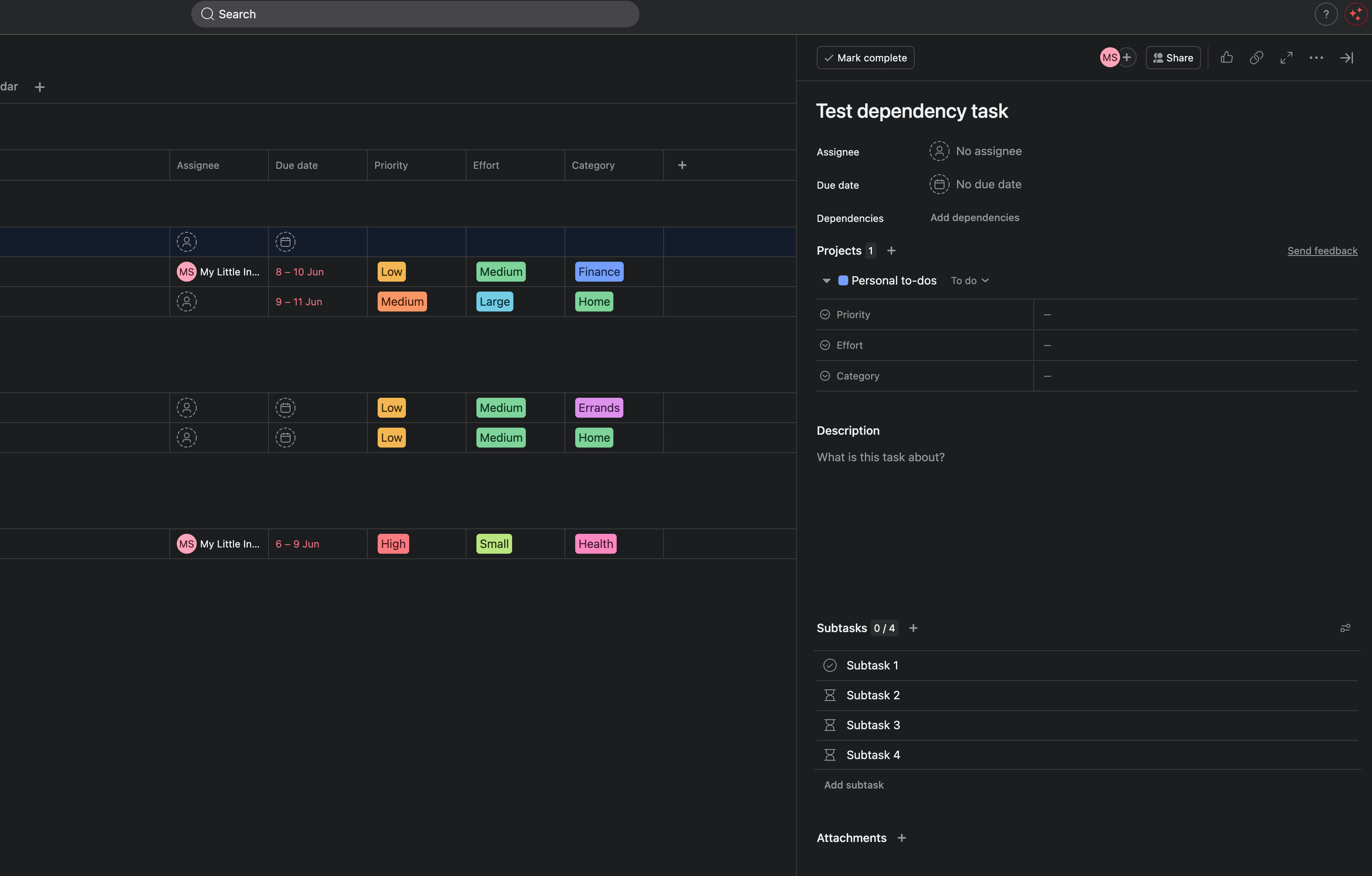 The four subtasks after Chain ran: each later subtask shows a "Blocked by" marker referencing the one above it