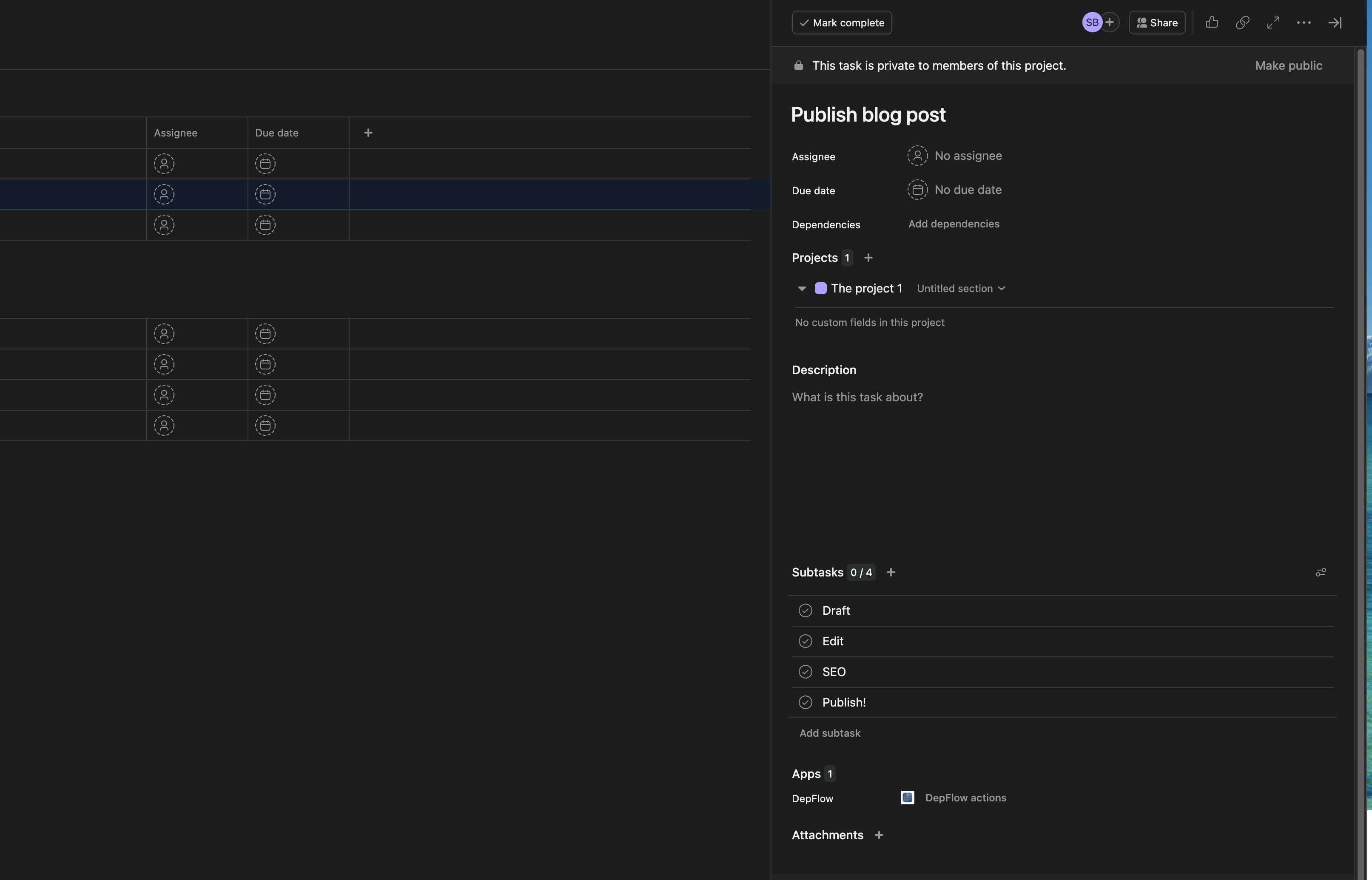 The Asana task "Publish blog post" with four subtasks — Draft, Edit, SEO, Publish — laid out flat, and an empty Dependencies field reading "Add dependencies".