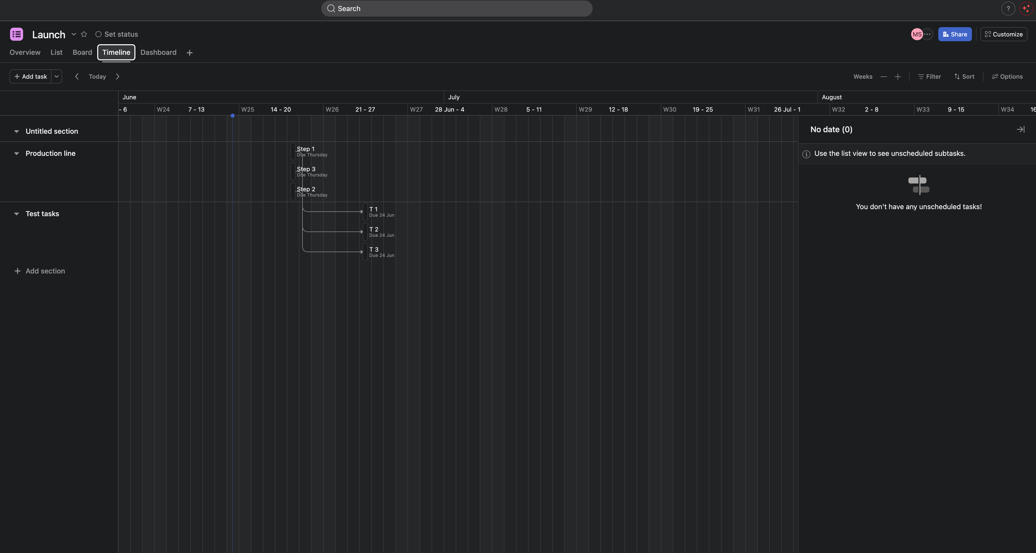 Timeline (Gantt) view after the rule ran, with dependency arrows fanning from every task in the prerequisite section (Production line: Step 1, Step 2, Step 3) into each task of the dependent section (Test tasks: T 1, T 2, T 3), making the cross-section gate obvious at a glance.