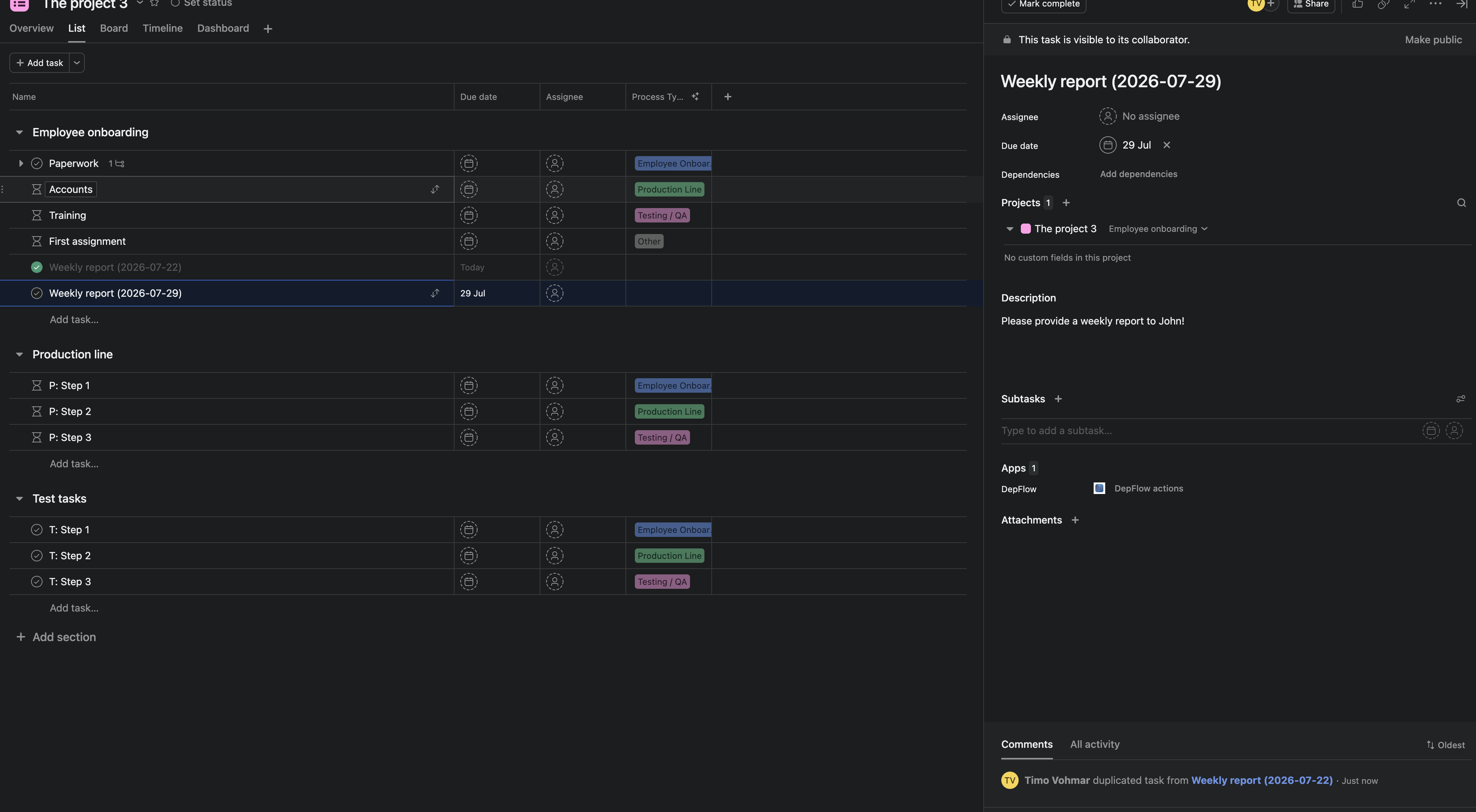 Asana List view with the original "Weekly report (2026-07-22)" completed and greyed out, and a fresh copy "Weekly report (2026-07-29)" just below it; the copy's detail pane shows the shifted 29 Jul due date and a note that DepFlow duplicated it from the original.