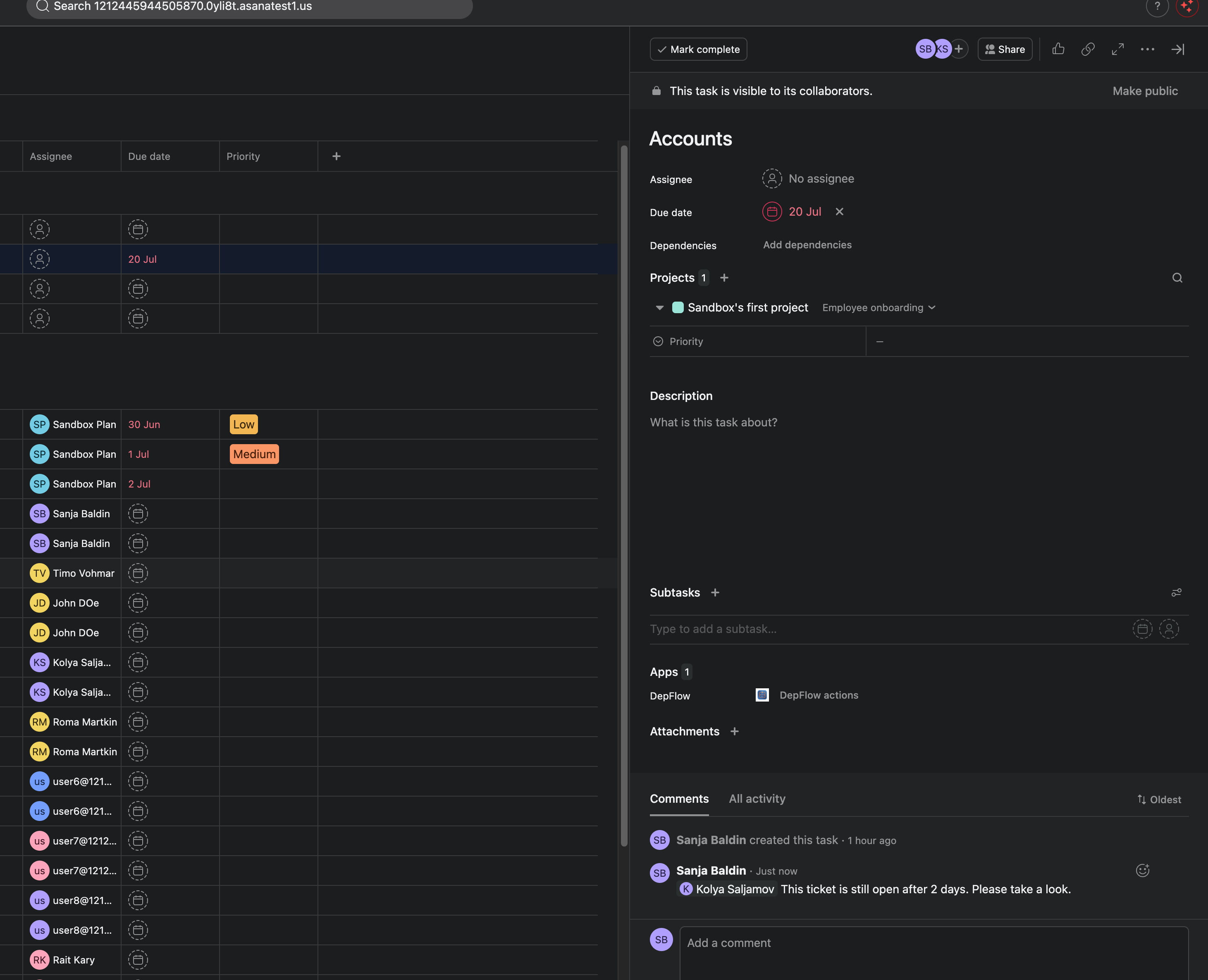 A still-open Asana ticket after Escalate fired: its detail pane shows a fresh reminder comment, "This ticket is still open after 2 days. Please take a look.", posted automatically, with the lead added as a collaborator.