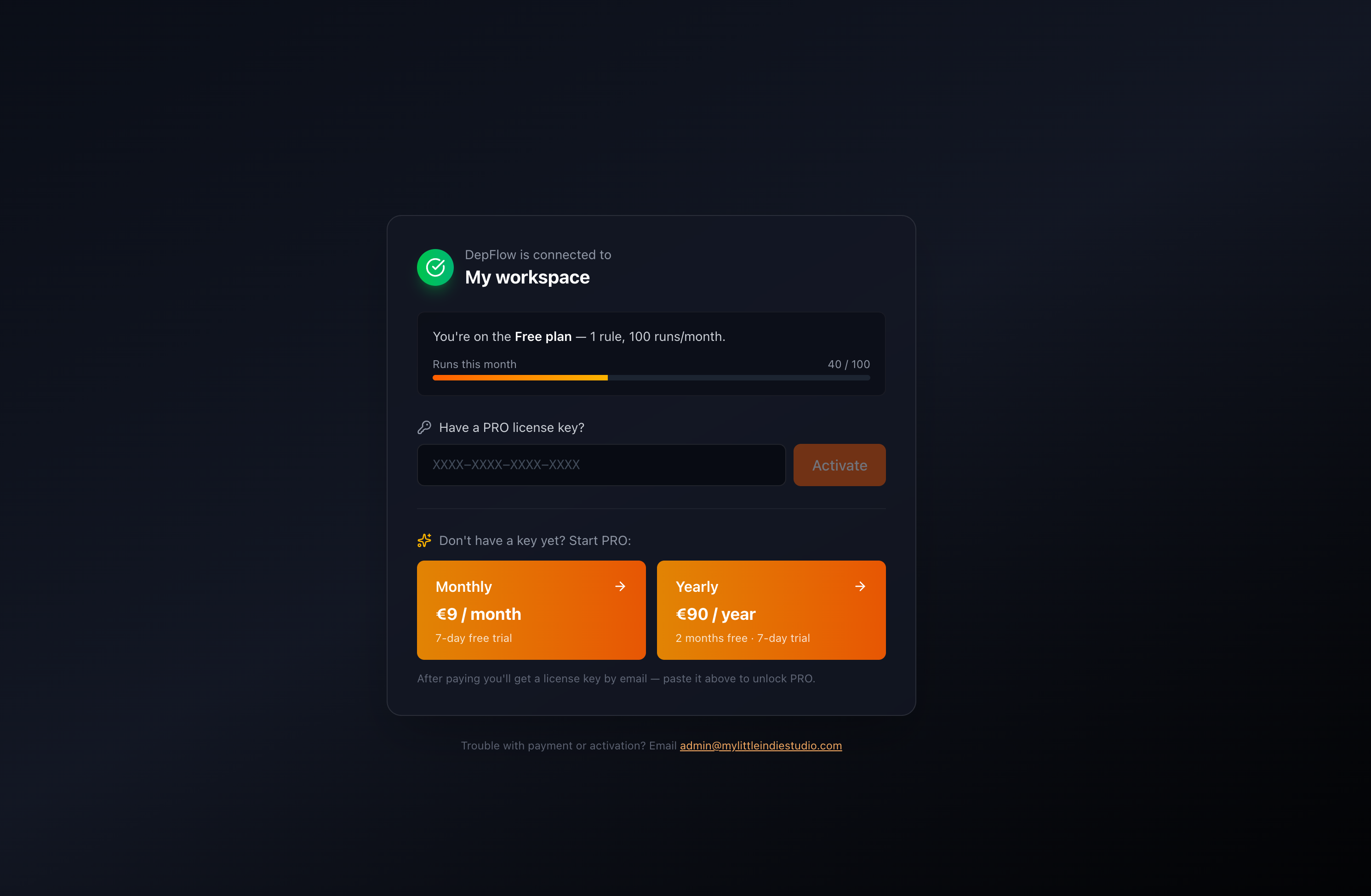 The DepFlow dashboard on the Free plan: the "Free plan, 1 rule, 100 runs/month" line, the "Runs this month" quota bar (40 / 100), the "Have a PRO license key?" field with Activate, and the Monthly (9 euro/month) and Yearly (90 euro/year) checkout cards.