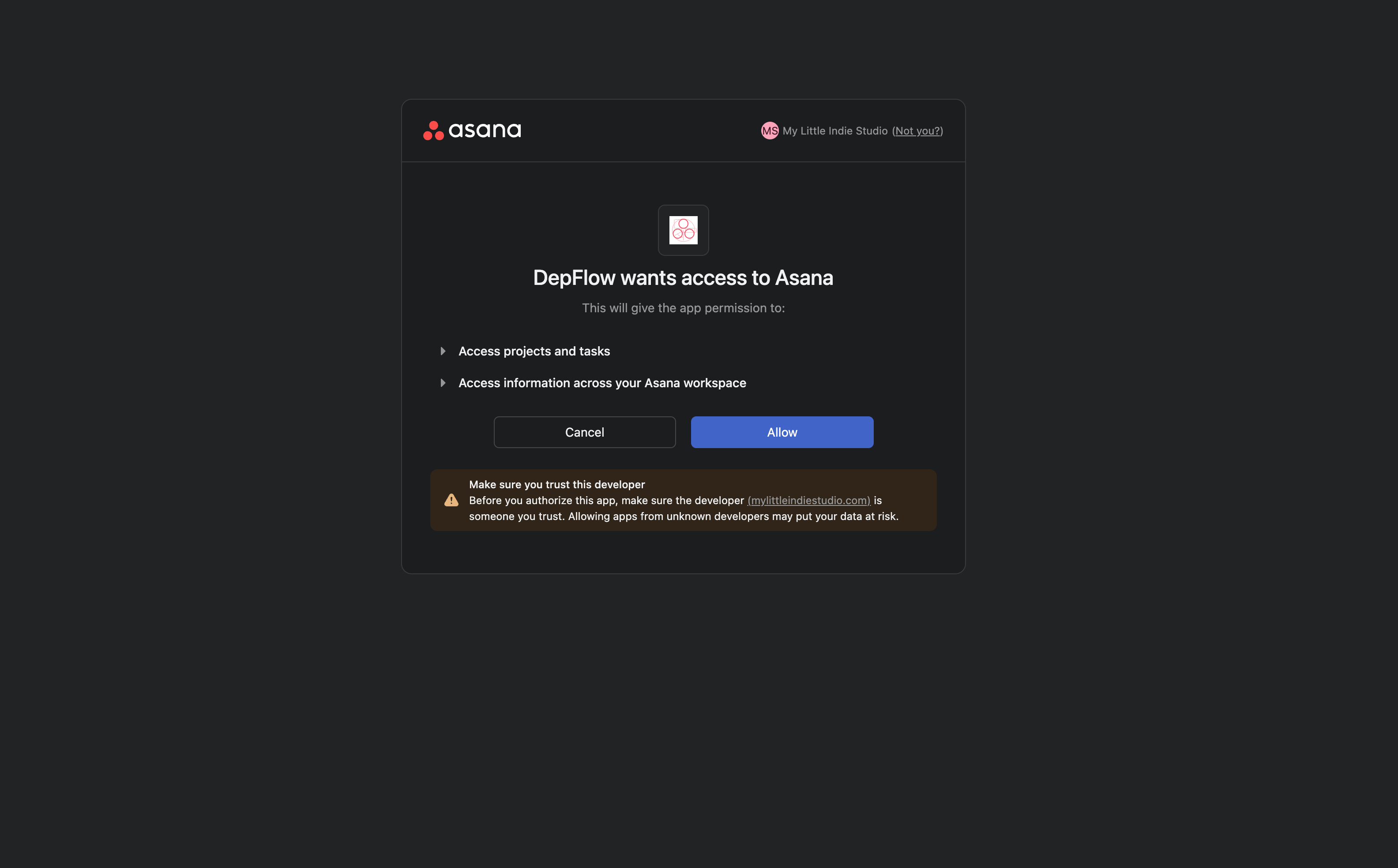 The Asana "DepFlow wants access to Asana" consent screen, with the two permission rows (Access projects and tasks / Access information across your Asana workspace) and the Cancel and Allow buttons.