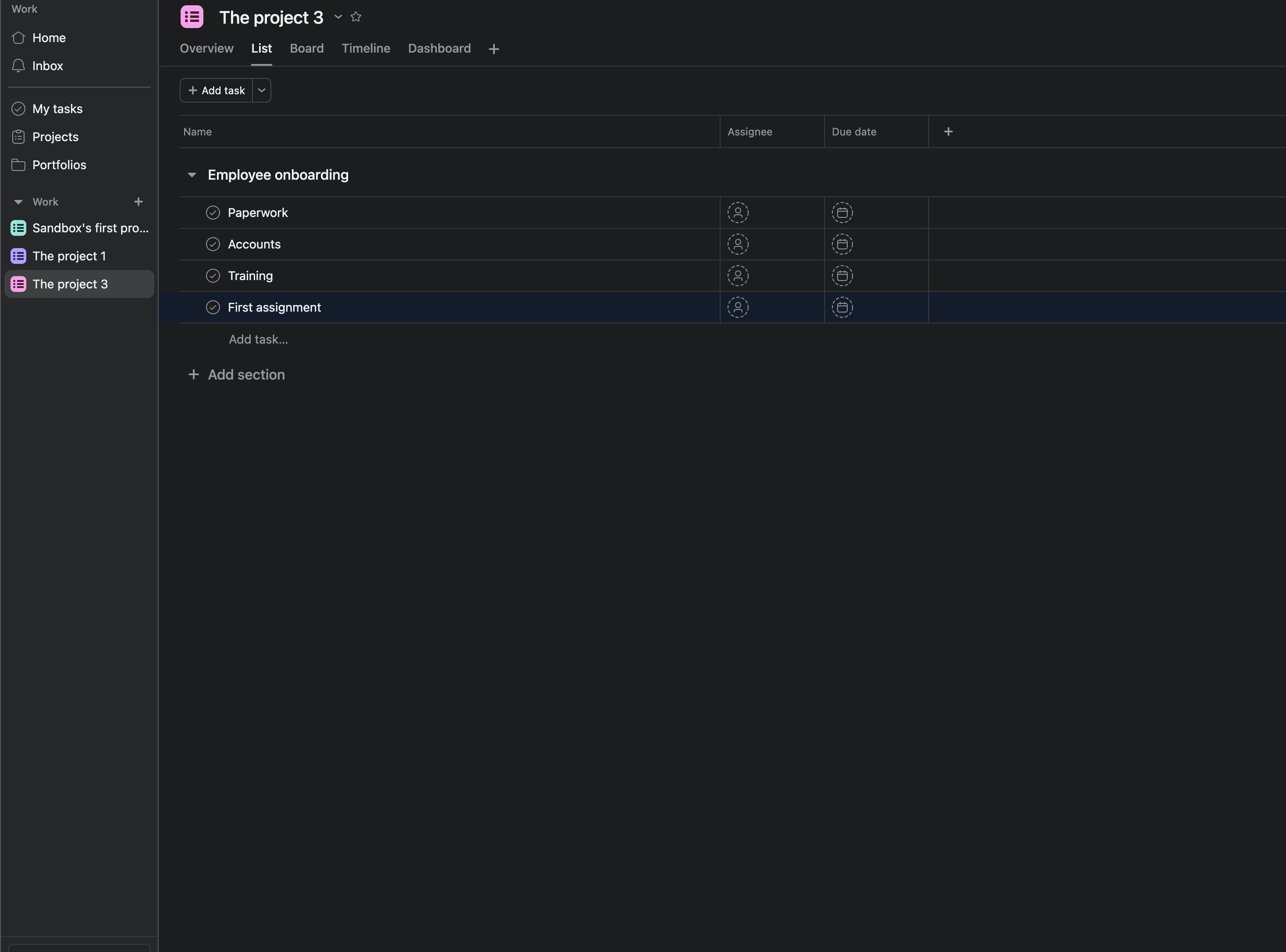 The "Employee onboarding" section in an Asana project List view with four tasks — Paperwork, Accounts, Training, First assignment — laid out flat, before any dependency is set.