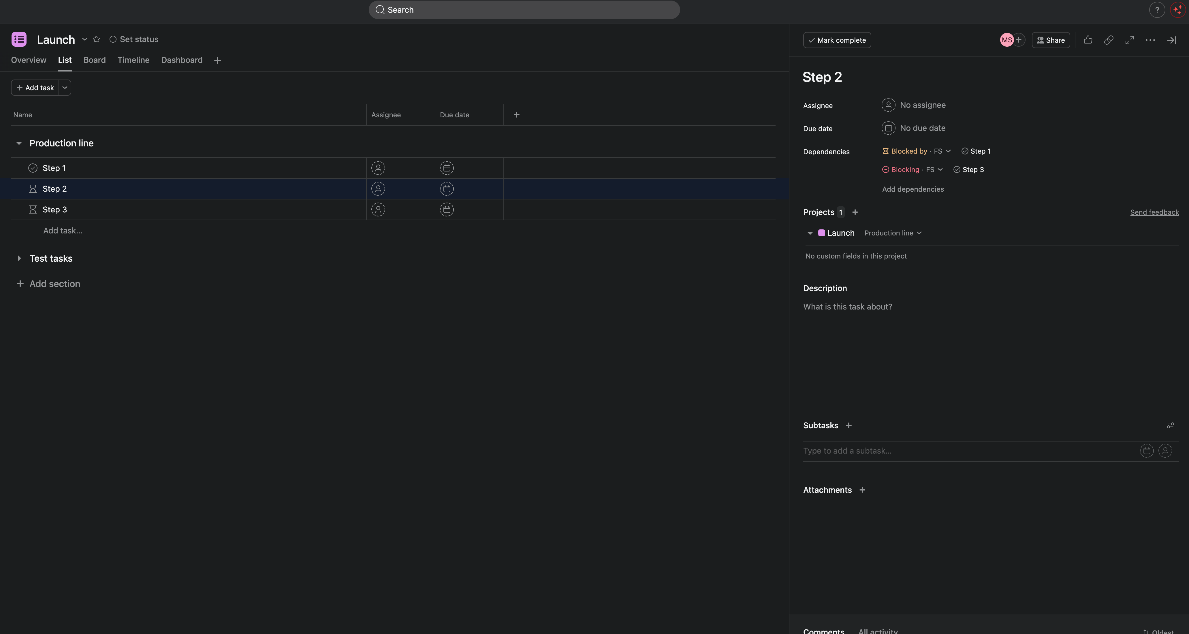 A section in List view after the rule ran (here the "Production line" section with Step 1, Step 2, Step 3). Step 1 is done; the open task's detail pane shows it is Blocked by the task above it and Blocking the one below, so each task below the first waits on its predecessor.