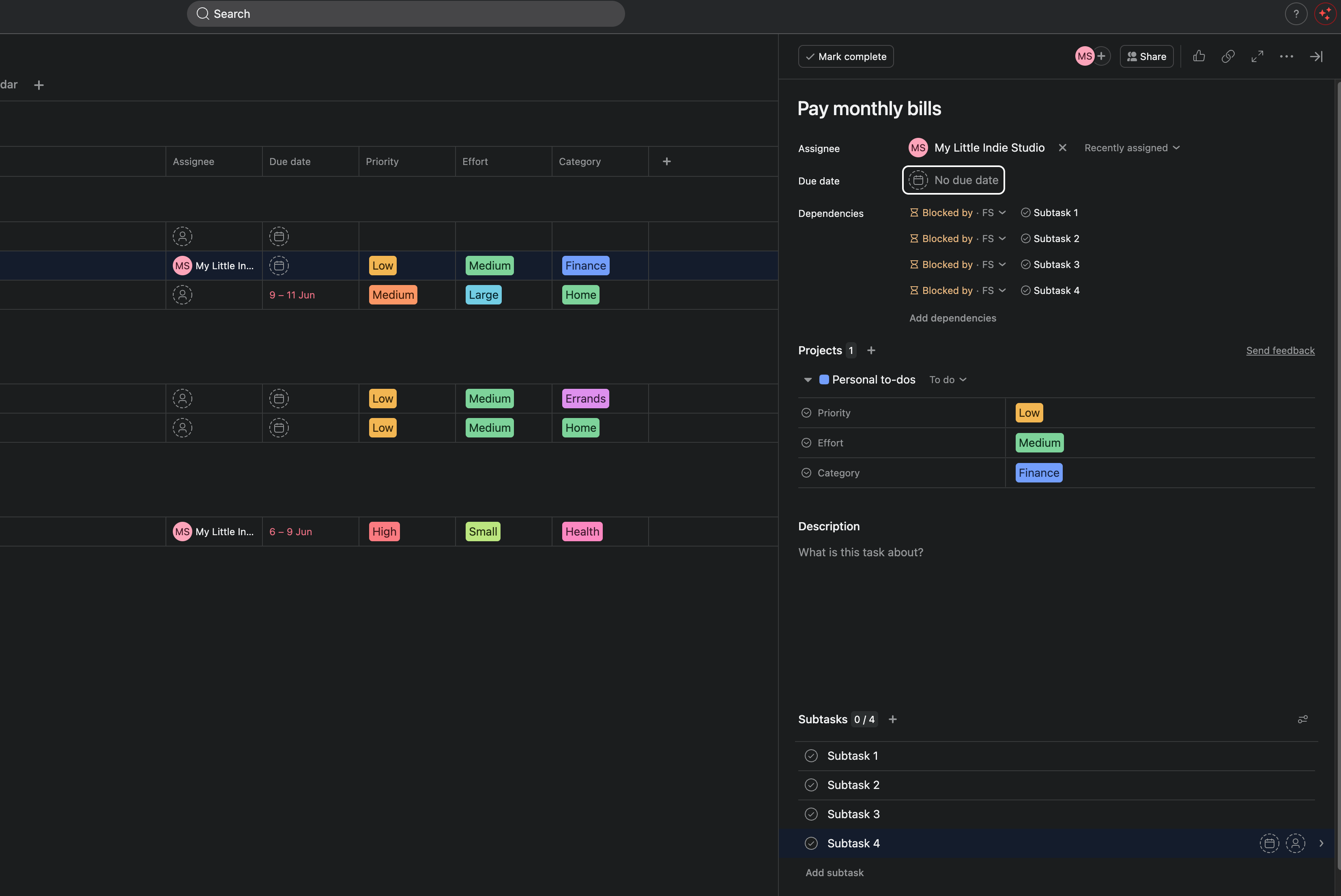 a parent task after the rule ran, with its Dependencies area listing "Blocked by" each one of its own subtasks (Subtask 1 through Subtask 4).