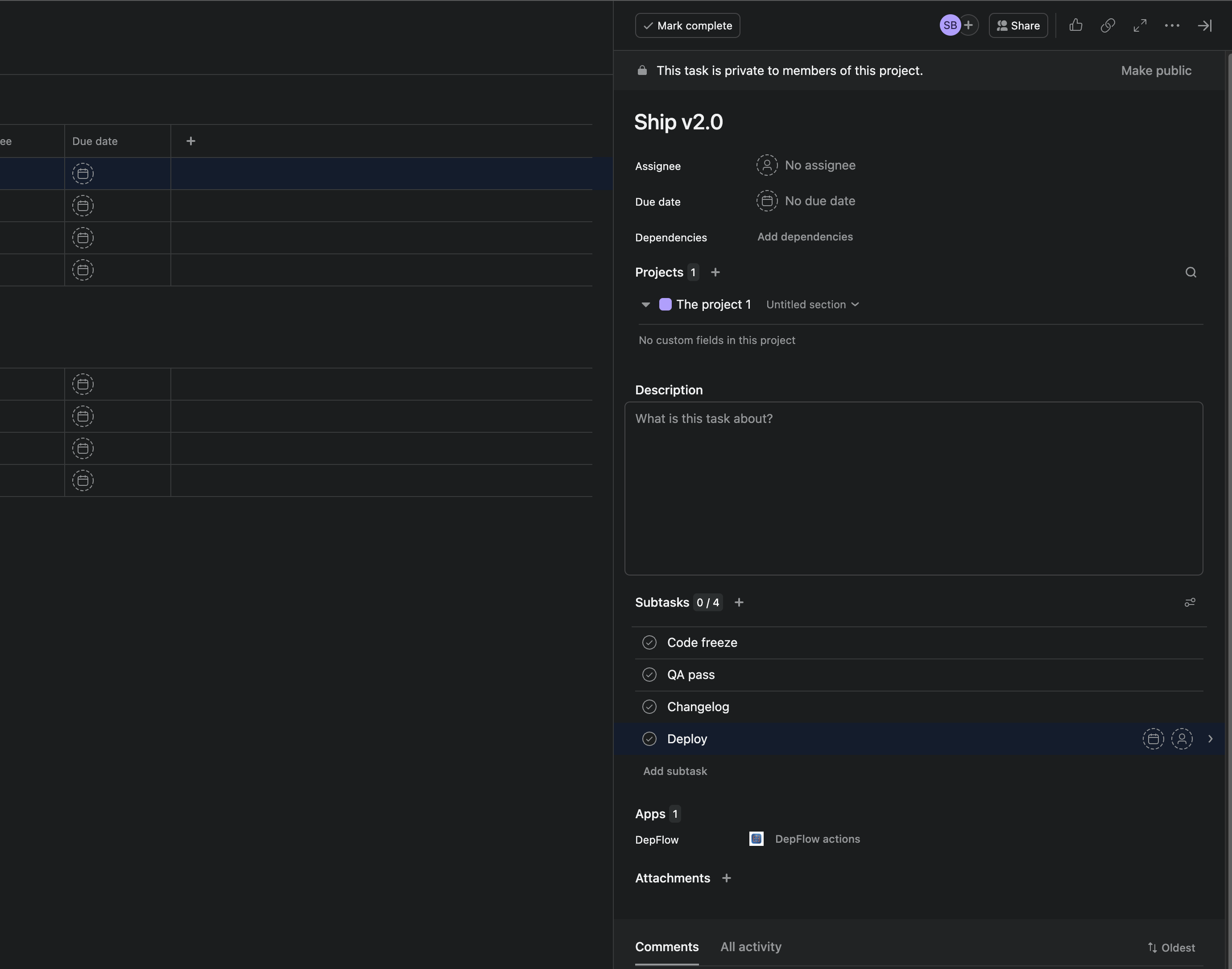 The Asana task "Ship v2.0" before the rule runs: four subtasks — Code freeze, QA pass, Changelog, Deploy — and an empty Dependencies field that still reads "Add dependencies".