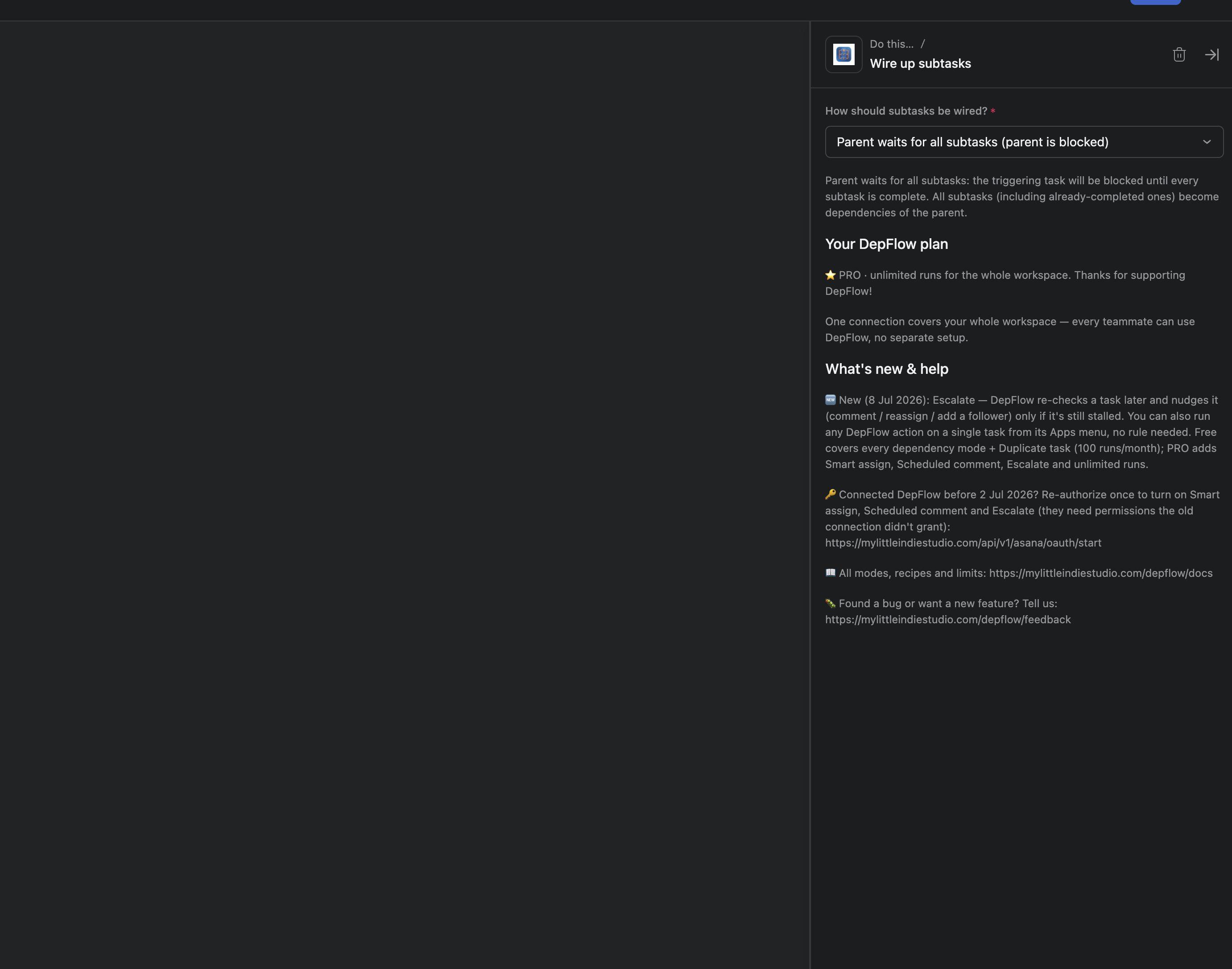 DepFlow's "Wire up subtasks" action open in the Asana rule builder, with "Parent waits for all subtasks (parent is blocked)" chosen in the "How should subtasks be wired?" dropdown.