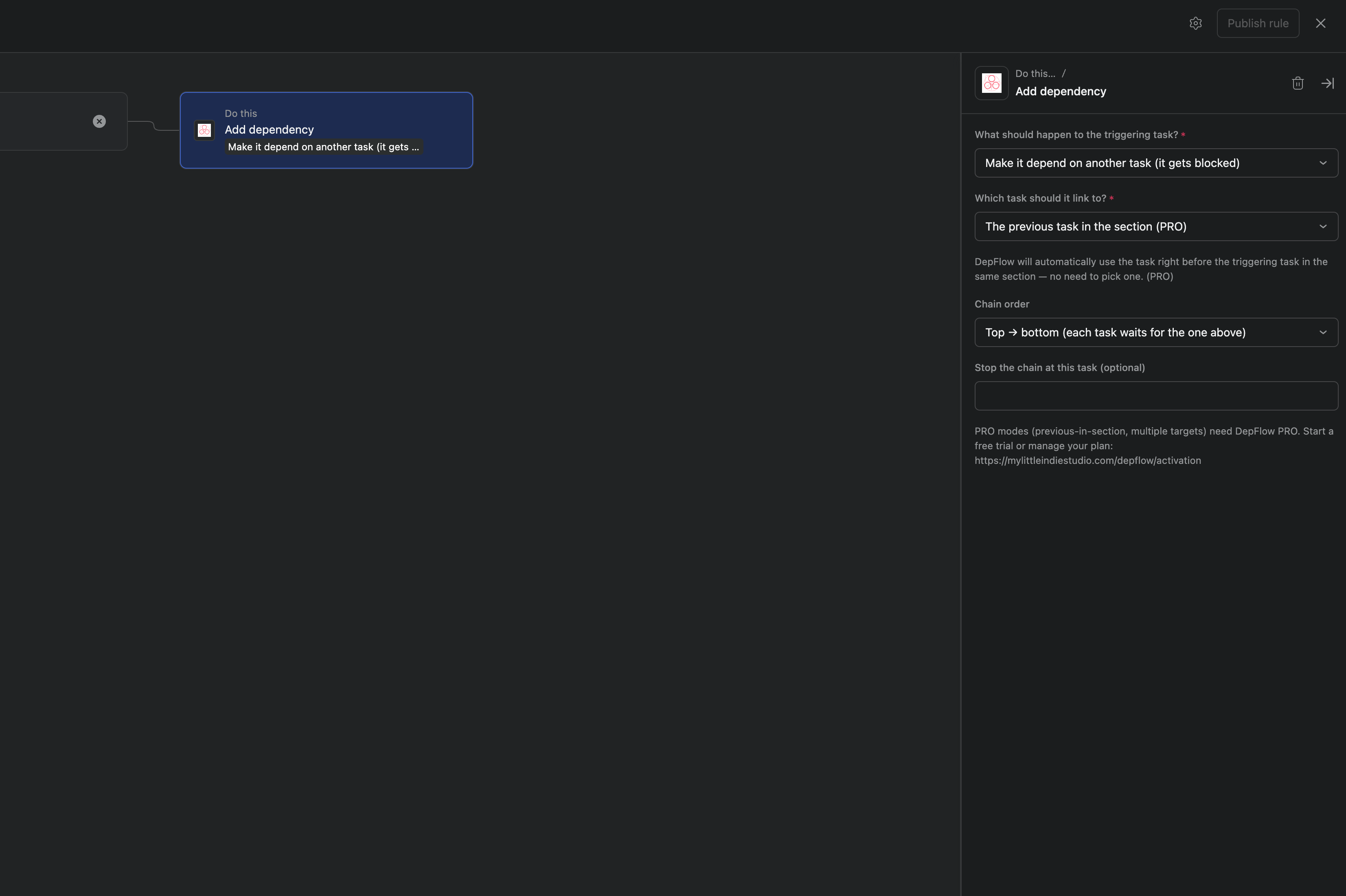 The "Add dependency" form with direction set to "depends on" and target "The previous task in the section" selected, the explainer text, and the Chain order dropdown (Top → bottom / Bottom → top).