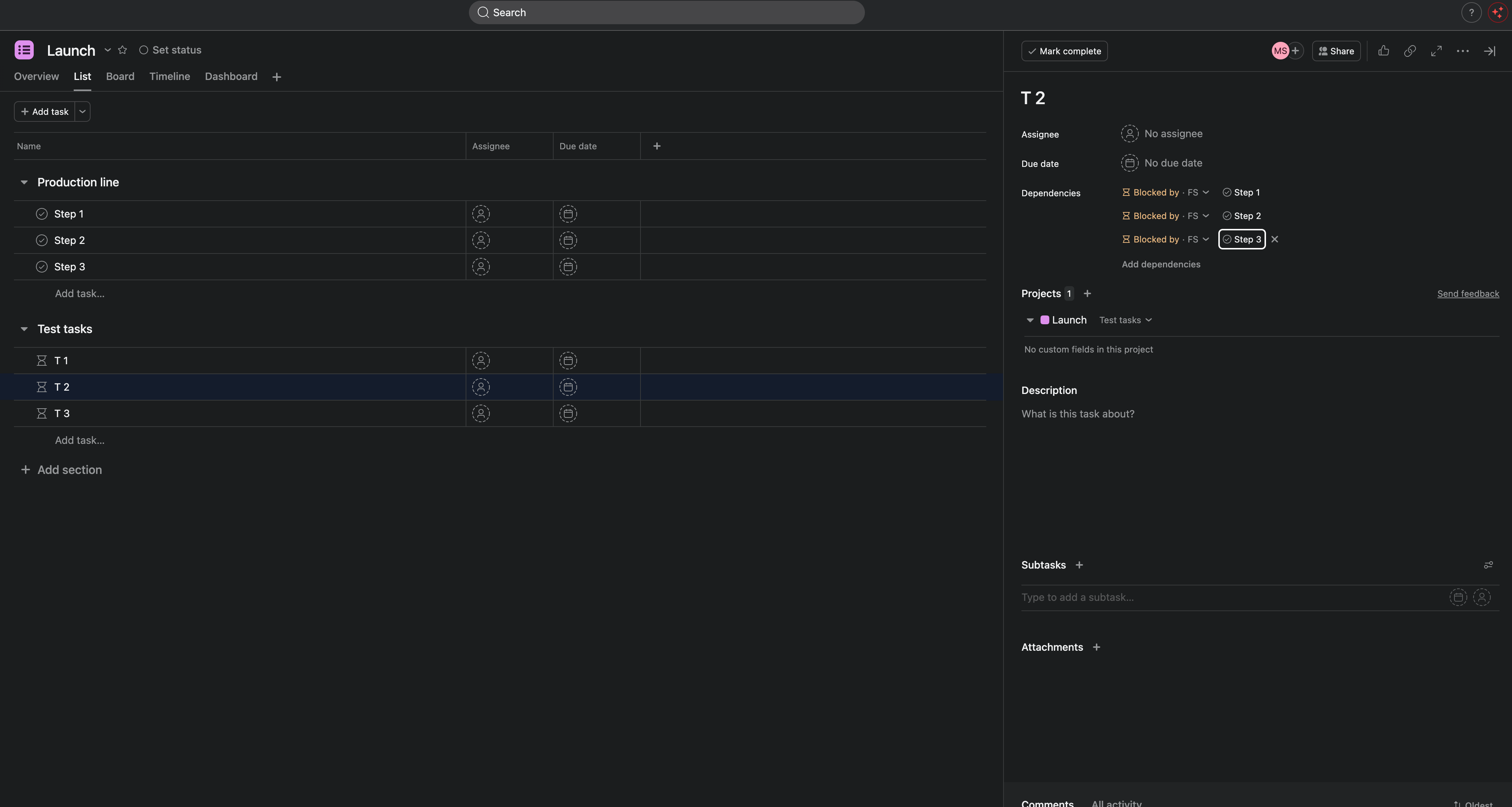 List view with two sections, a prerequisite one and a dependent one (here "Production line" and "Test tasks"). A dependent task (T 2) is open and its Dependencies area lists "Blocked by" every task in the prerequisite section (Step 1, Step 2, Step 3).