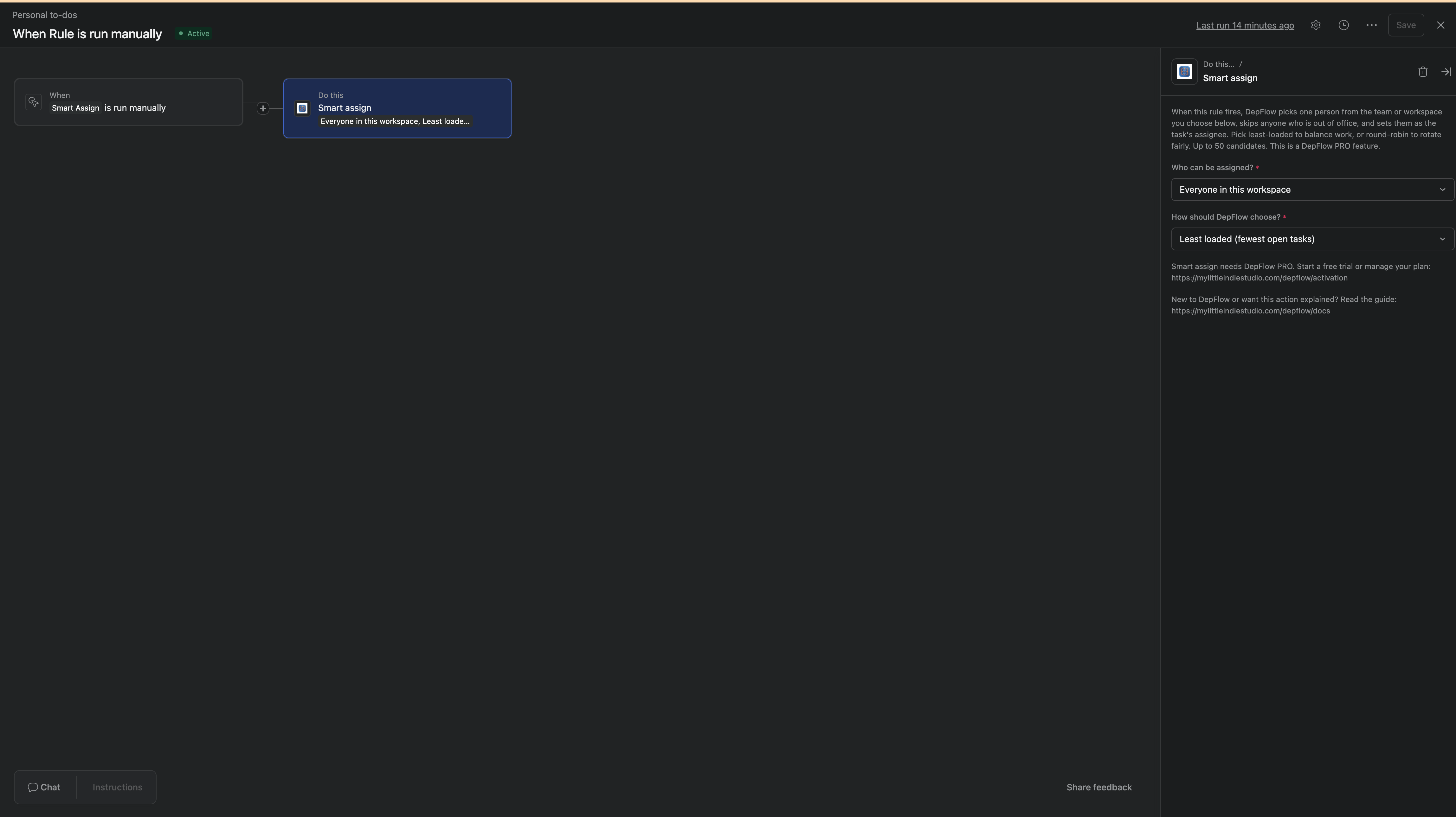 Shows the "Smart assign" form on a "Run manually" rule: the explainer text, the "Who can be assigned?" source dropdown set to "Everyone in this workspace," and the "How should DepFlow choose?" strategy dropdown set to "Least loaded (fewest open tasks)."