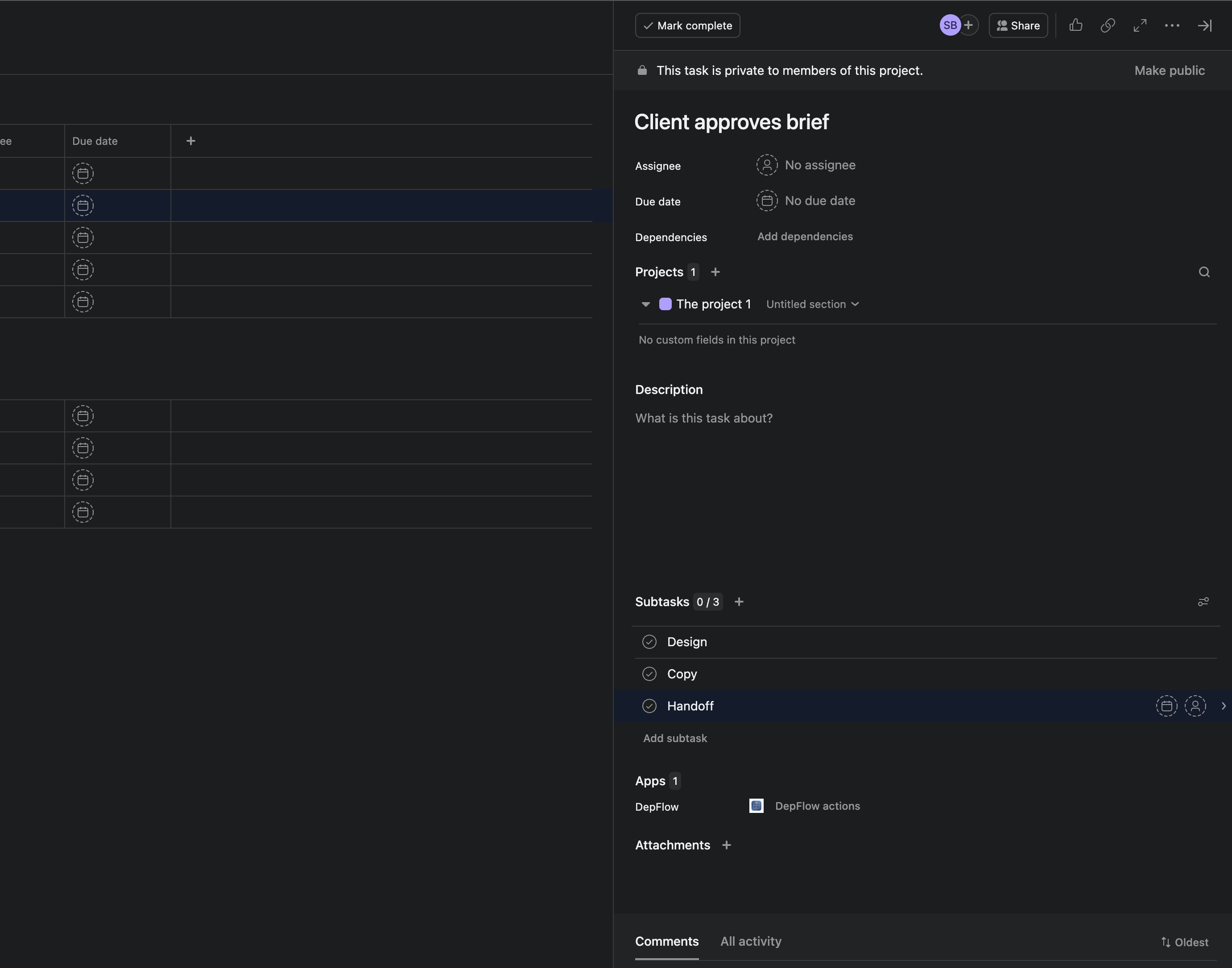 The Asana parent task "Client approves brief" with three subtasks — Design, Copy, Handoff — laid out flat, and an empty Dependencies field reading "Add dependencies".