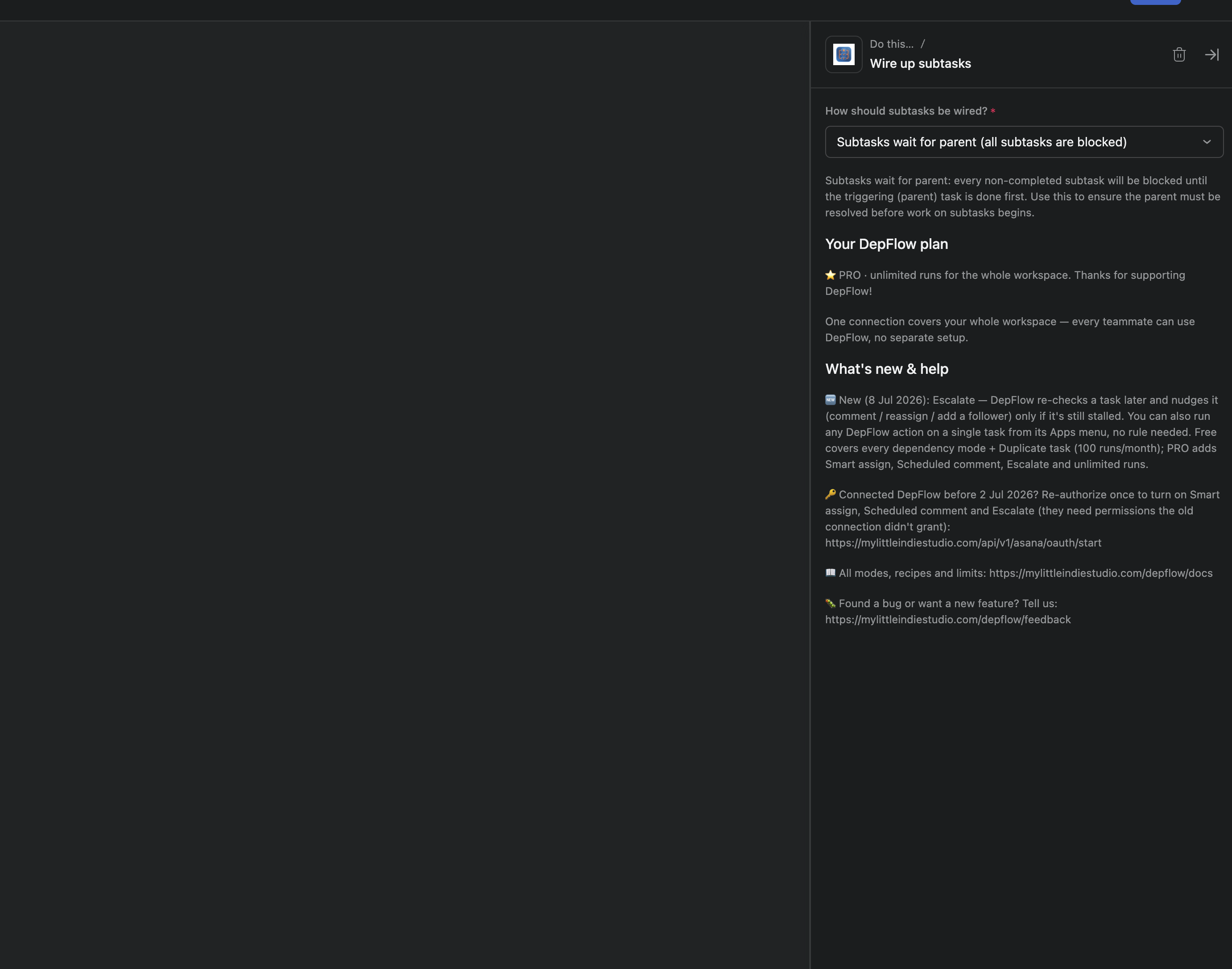 DepFlow's "Wire up subtasks" action in the Asana rule builder, with "Subtasks wait for parent (all subtasks are blocked)" chosen in the "How should subtasks be wired?" dropdown.